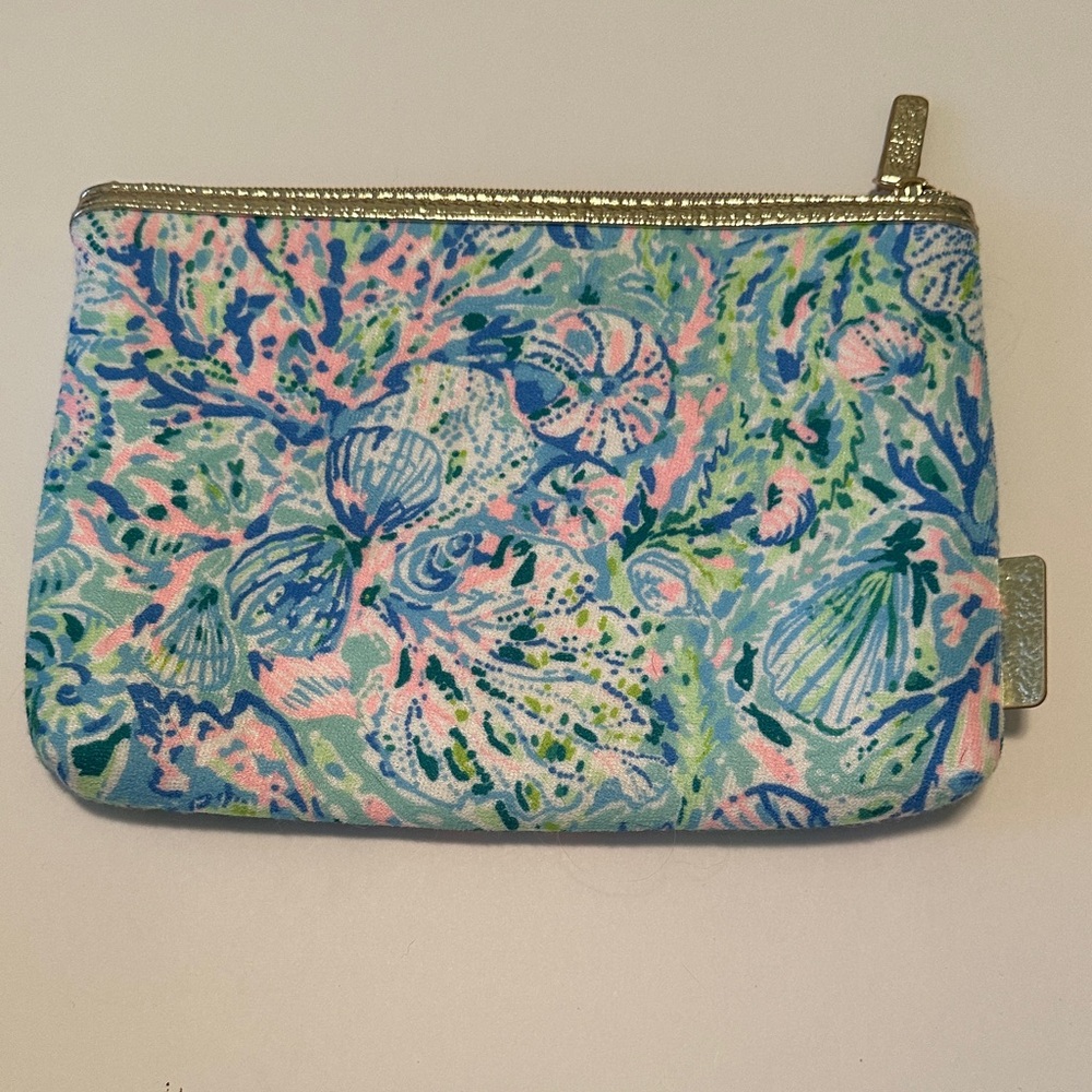 Lilly Pulitzer Blue and Pink Floral Cosmetic Bag with Gold Trim - Picture 2 of 3